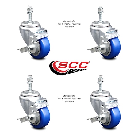 Service Caster 3.5 Inch Blue Polyurethane Swivel 10mm Threaded Stem Caster Set with Brake SCC-TS20S3514-PPUB-BLUE-TLB-M1015-4